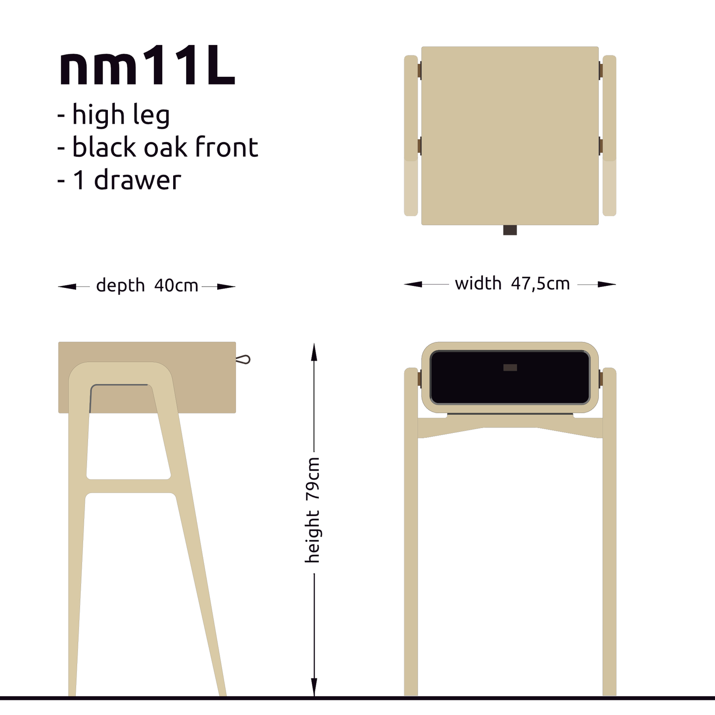 High desk and storage bench nm11H. The main corpus is crafted from solid Norwegian oak, featuring 1 drawer with black oak front.