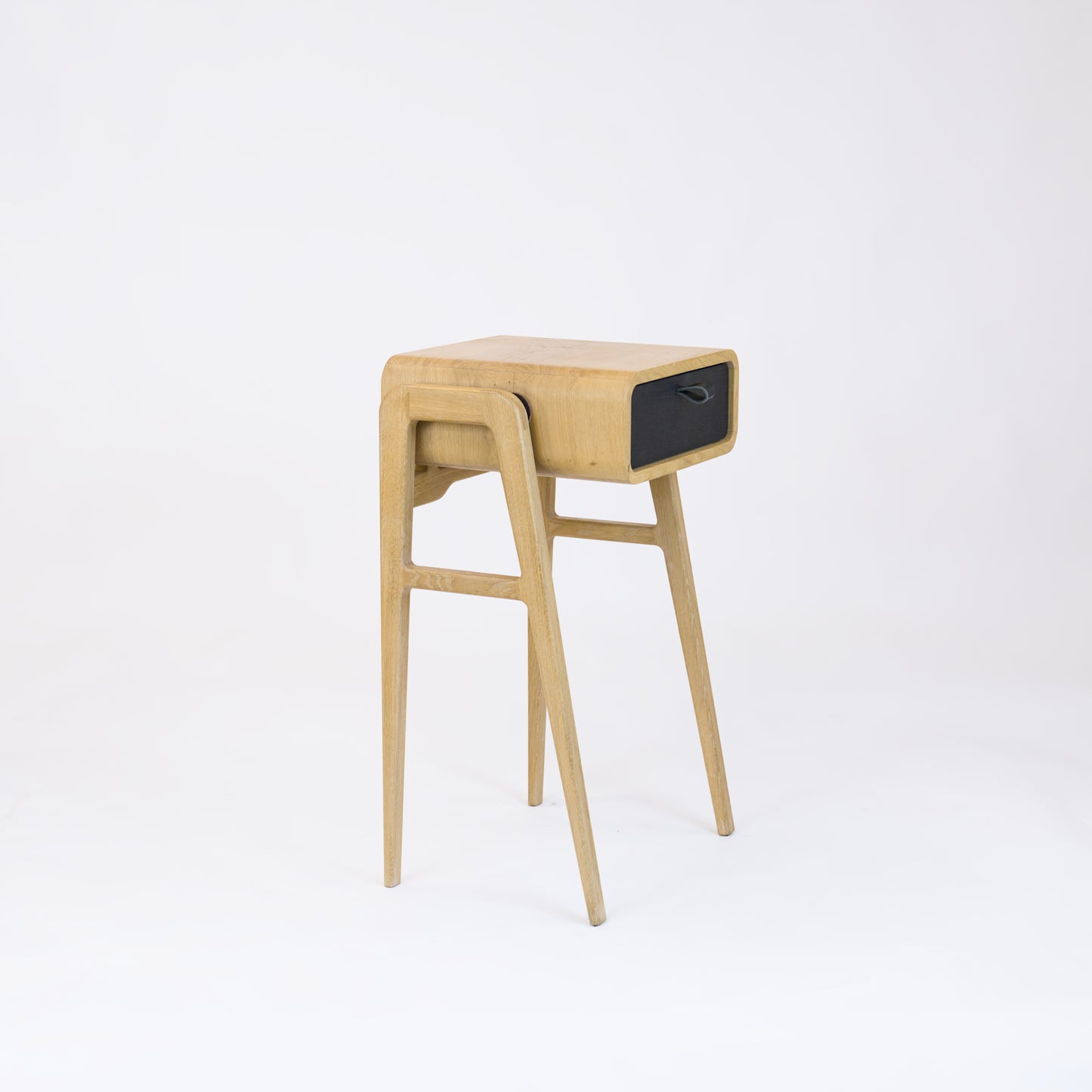 High desk and storage bench nm11H. The main corpus is crafted from solid Norwegian oak, featuring 1 drawer with black oak front.