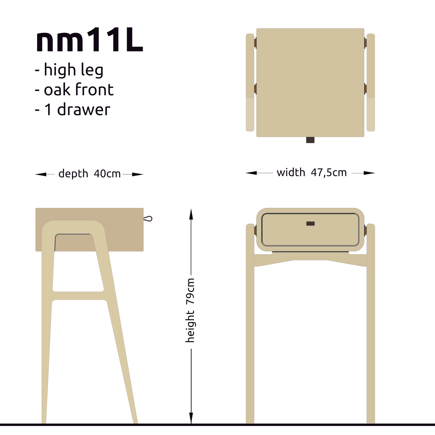 High desk and storage bench nm11H. The main corpus is crafted from solid Norwegian oak, featuring 1 drawer with natural oak front.