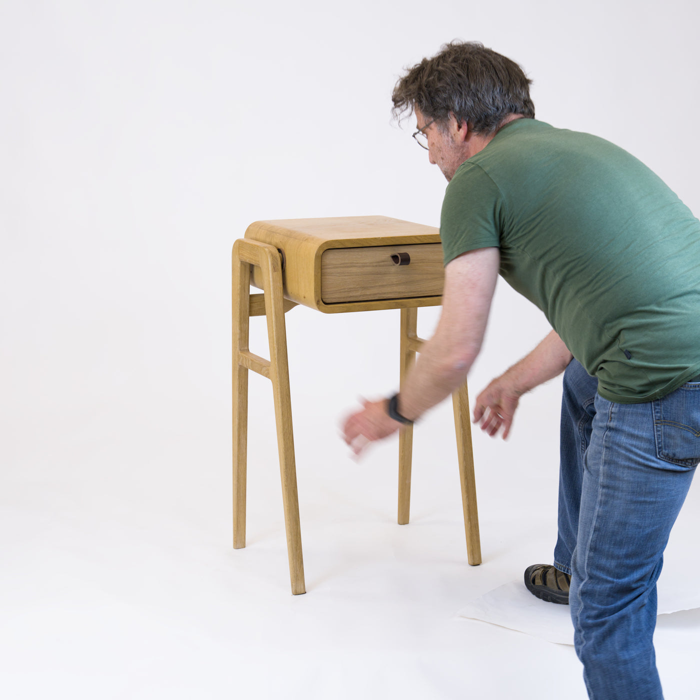 High desk and storage bench nm11H. The main corpus is crafted from solid Norwegian oak, featuring 1 drawer with natural oak front.