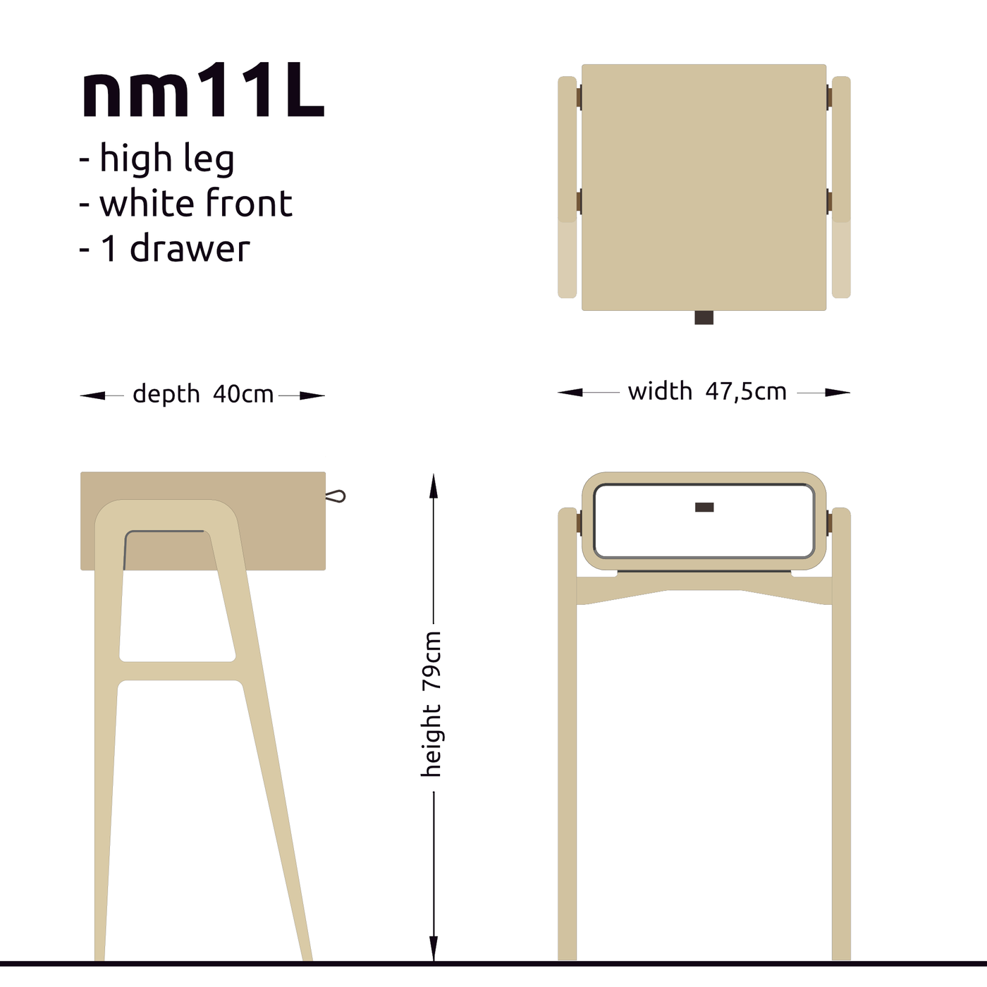 High desk and storage bench nm11H. The main corpus is crafted from solid Norwegian oak, featuring 1 drawer with white front.