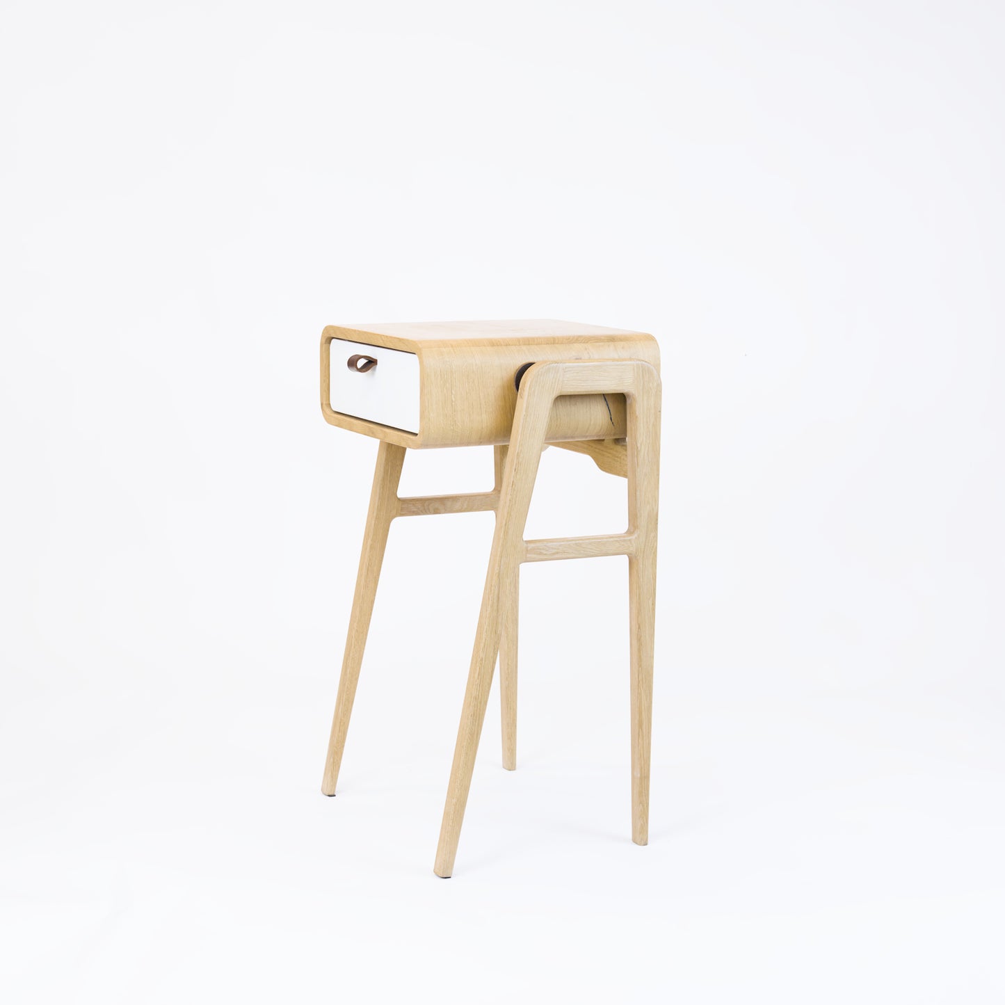 High desk and storage bench nm11H. The main corpus is crafted from solid Norwegian oak, featuring 1 drawer with white front.