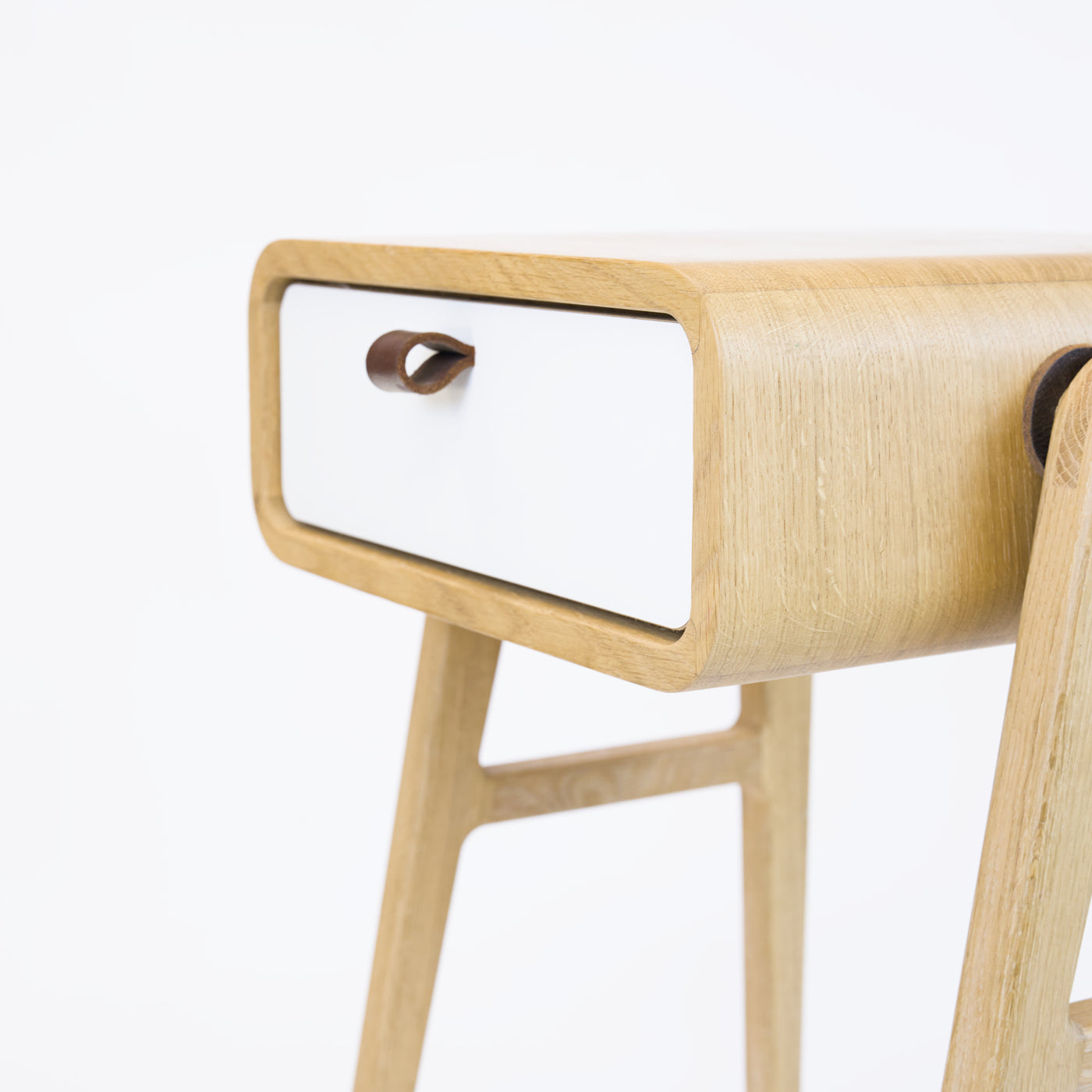 High desk and storage bench nm11H. The main corpus is crafted from solid Norwegian oak, featuring 1 drawer with white front.
