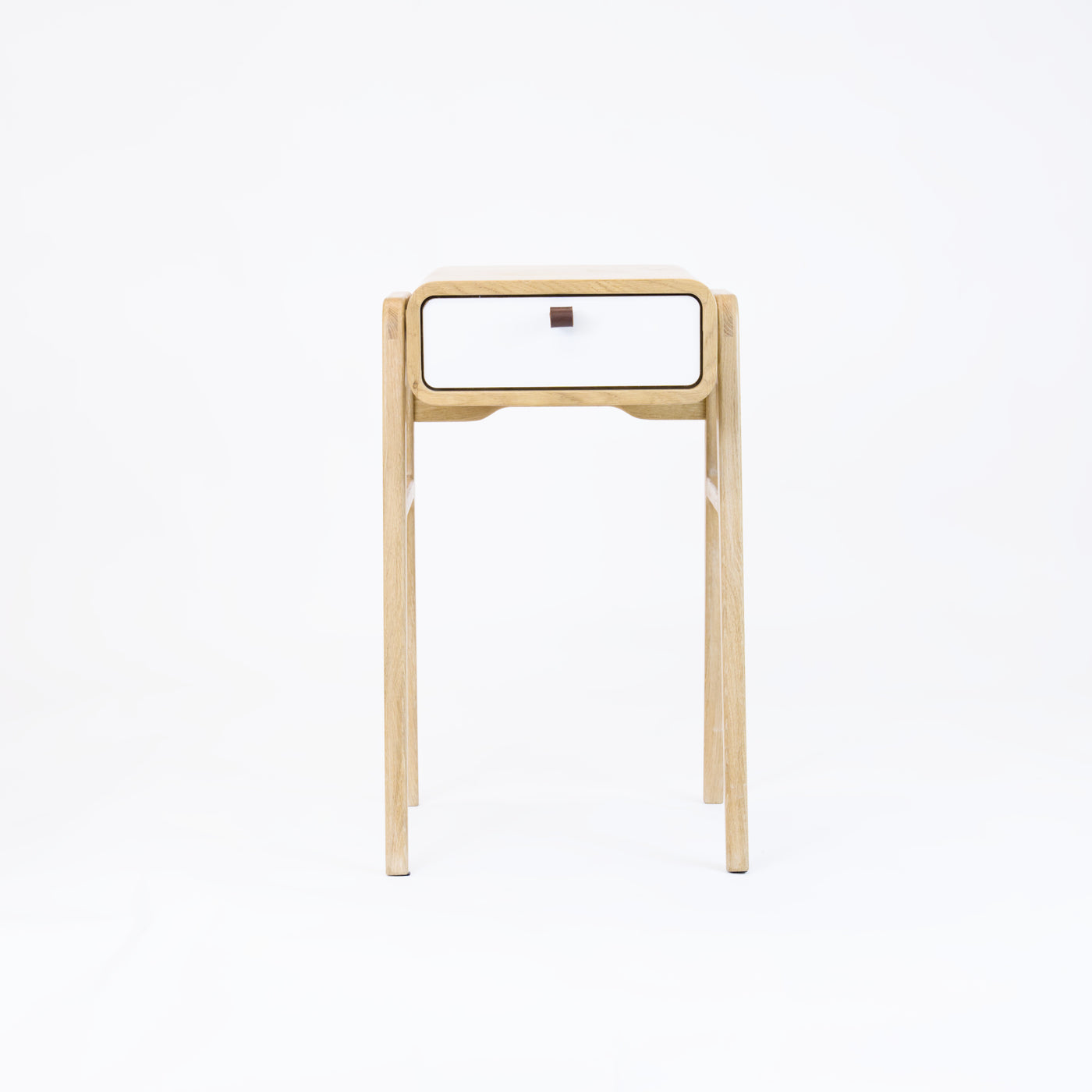 High desk and storage bench nm11H. The main corpus is crafted from solid Norwegian oak, featuring 1 drawer with white front.