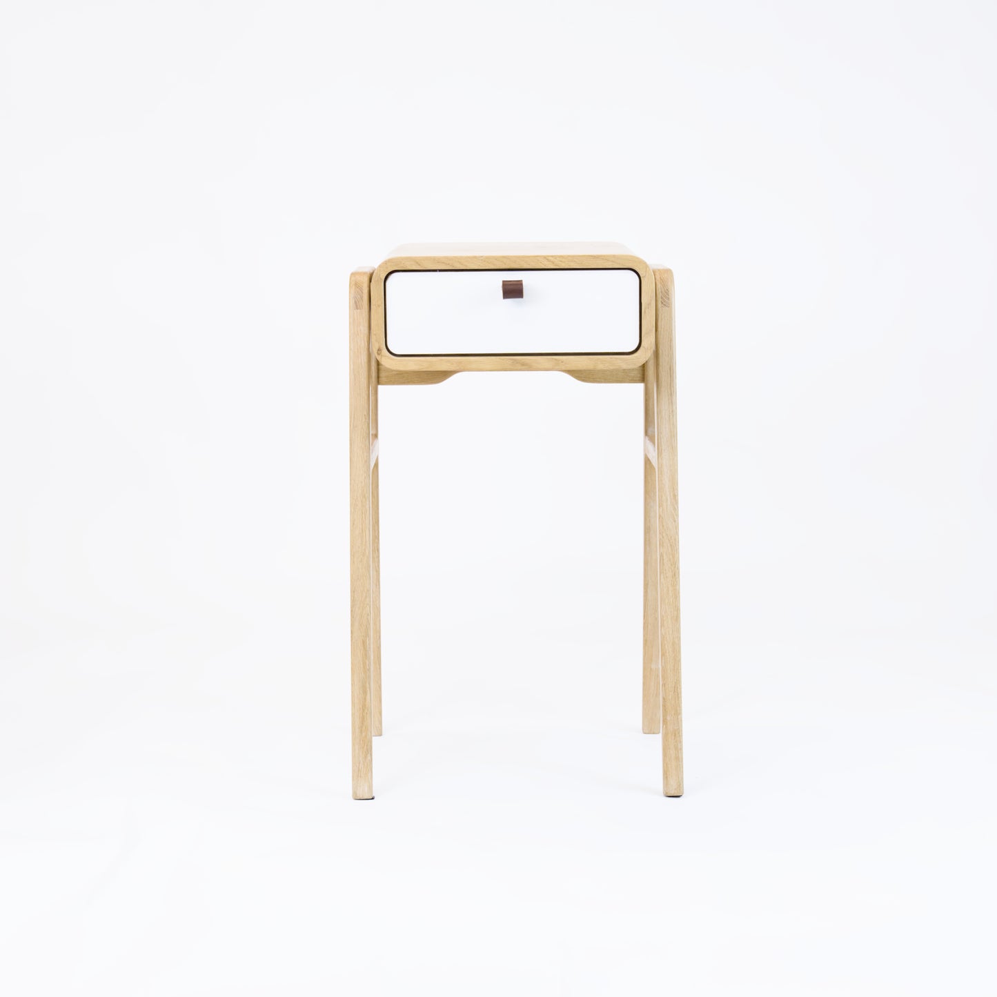High desk and storage bench nm11H. The main corpus is crafted from solid Norwegian oak, featuring 1 drawer with white front.