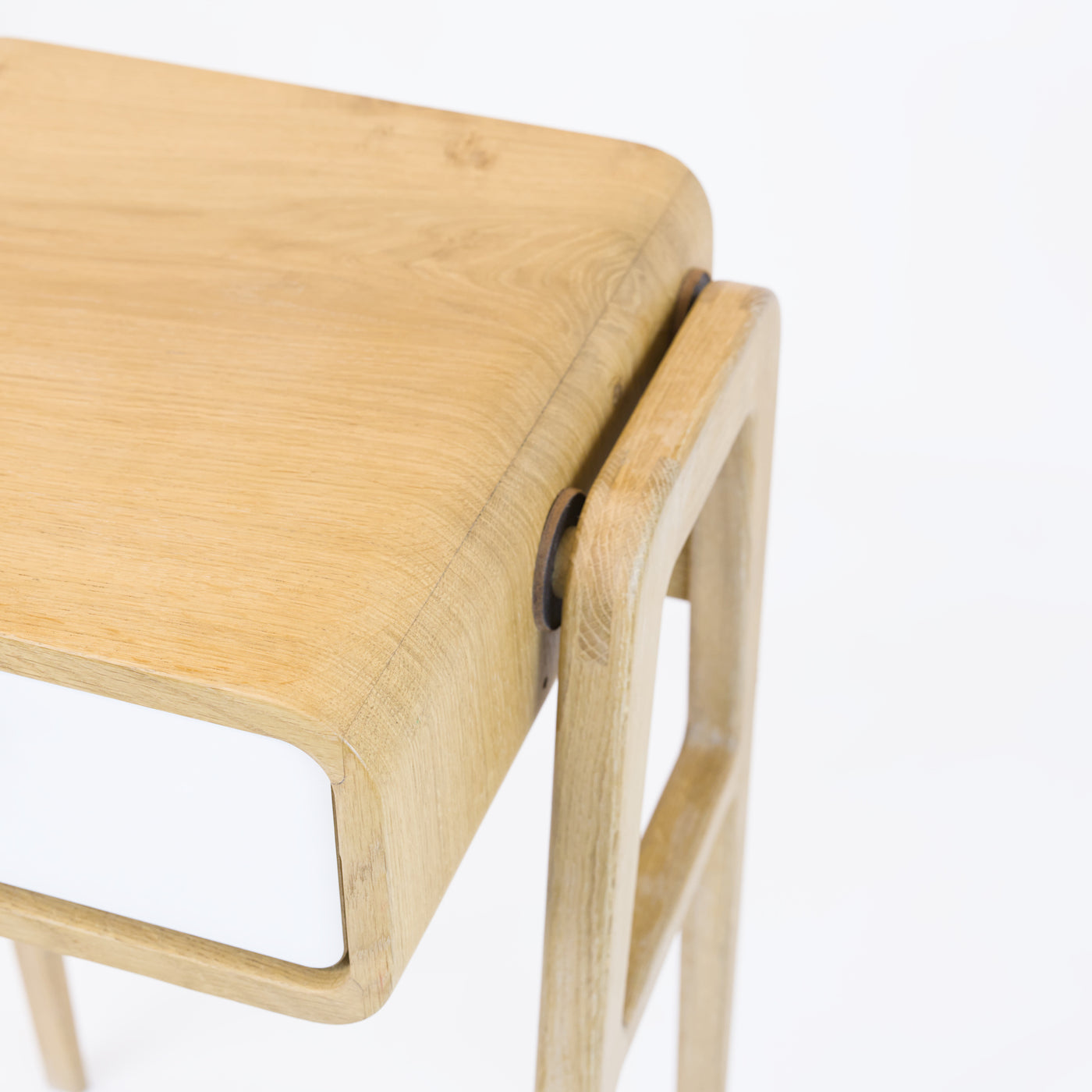 High desk and storage bench nm11H. The main corpus is crafted from solid Norwegian oak, featuring 1 drawer with white front.