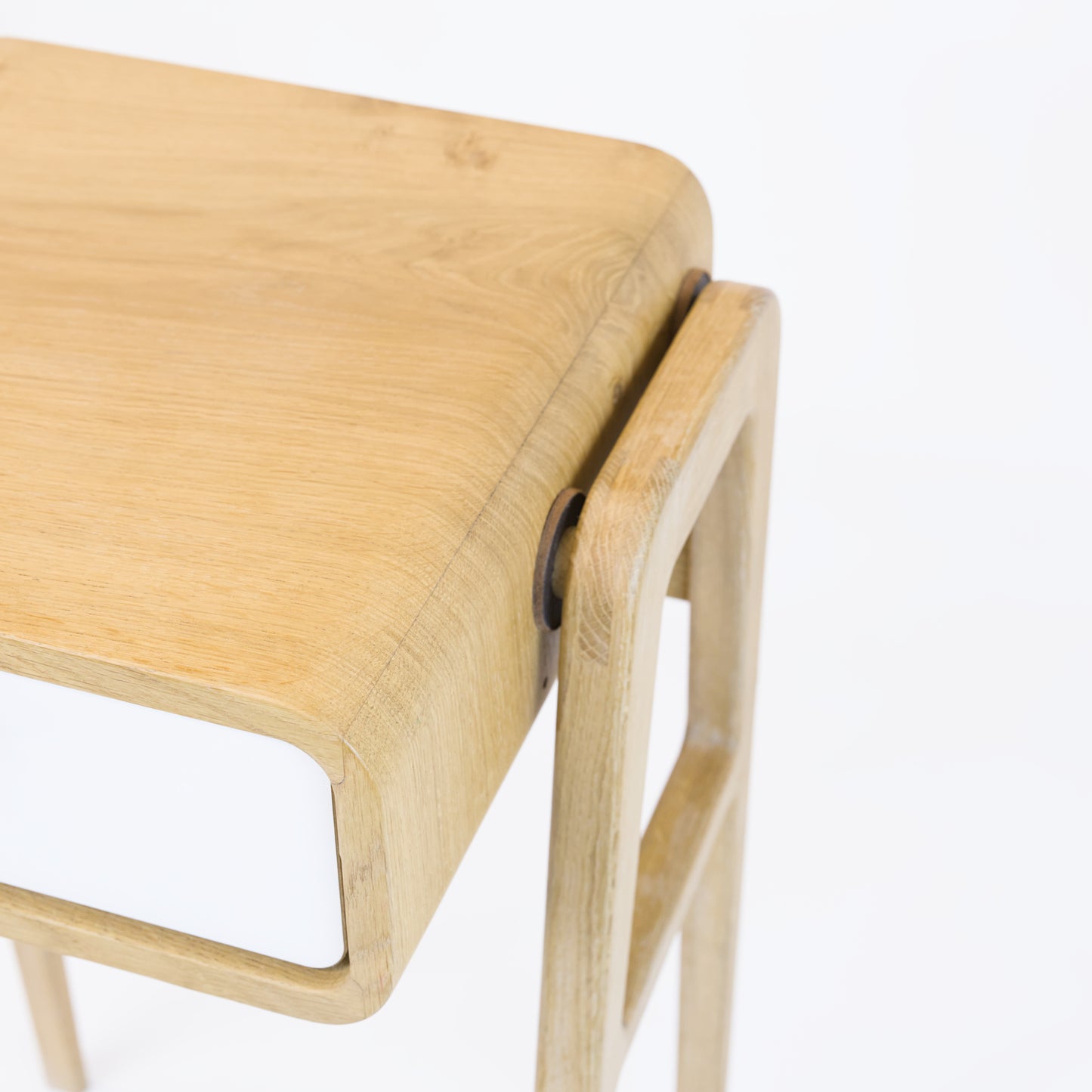 High desk and storage bench nm11H. The main corpus is crafted from solid Norwegian oak, featuring 1 drawer with white front.