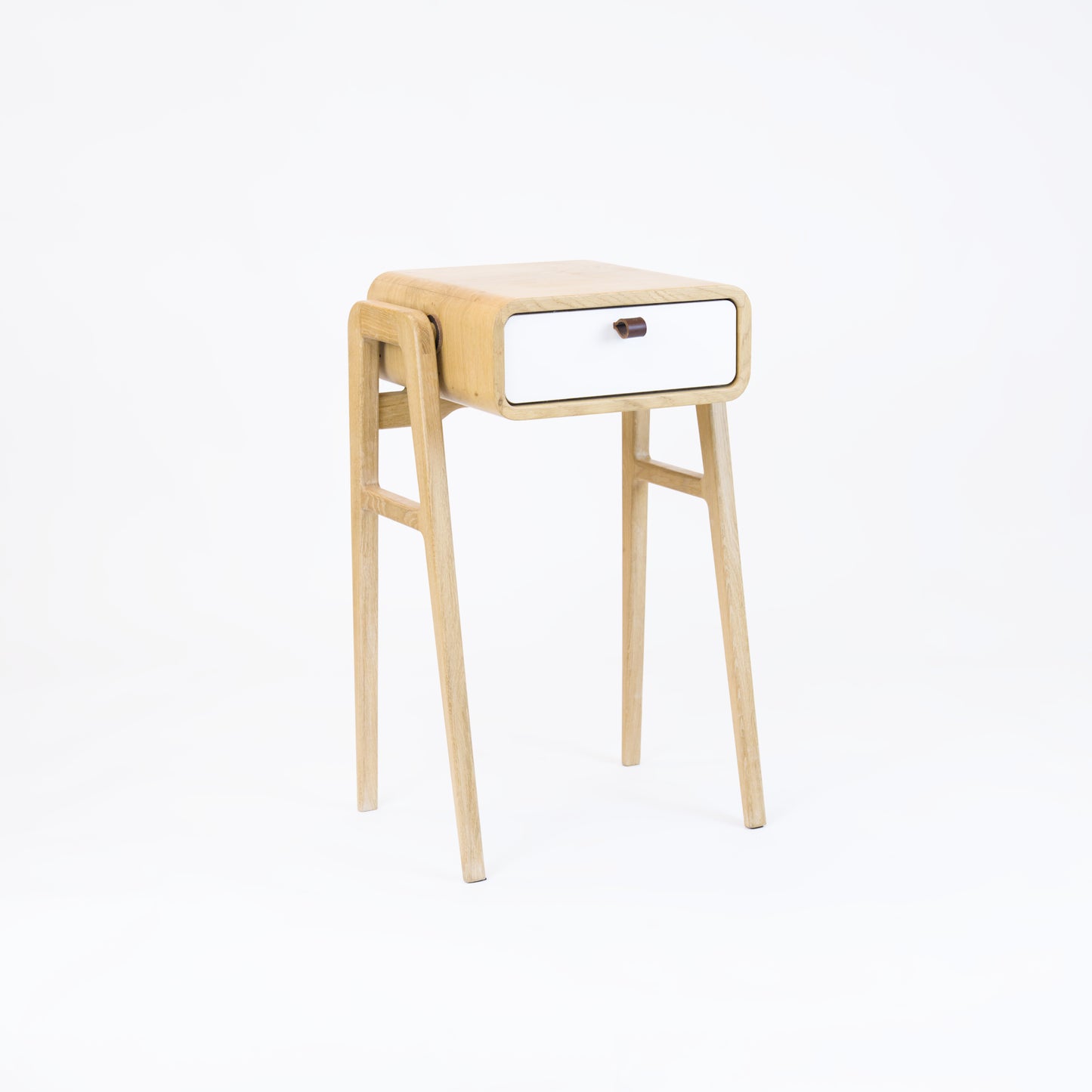 High desk and storage bench nm11H. The main corpus is crafted from solid Norwegian oak, featuring 1 drawer with white front.