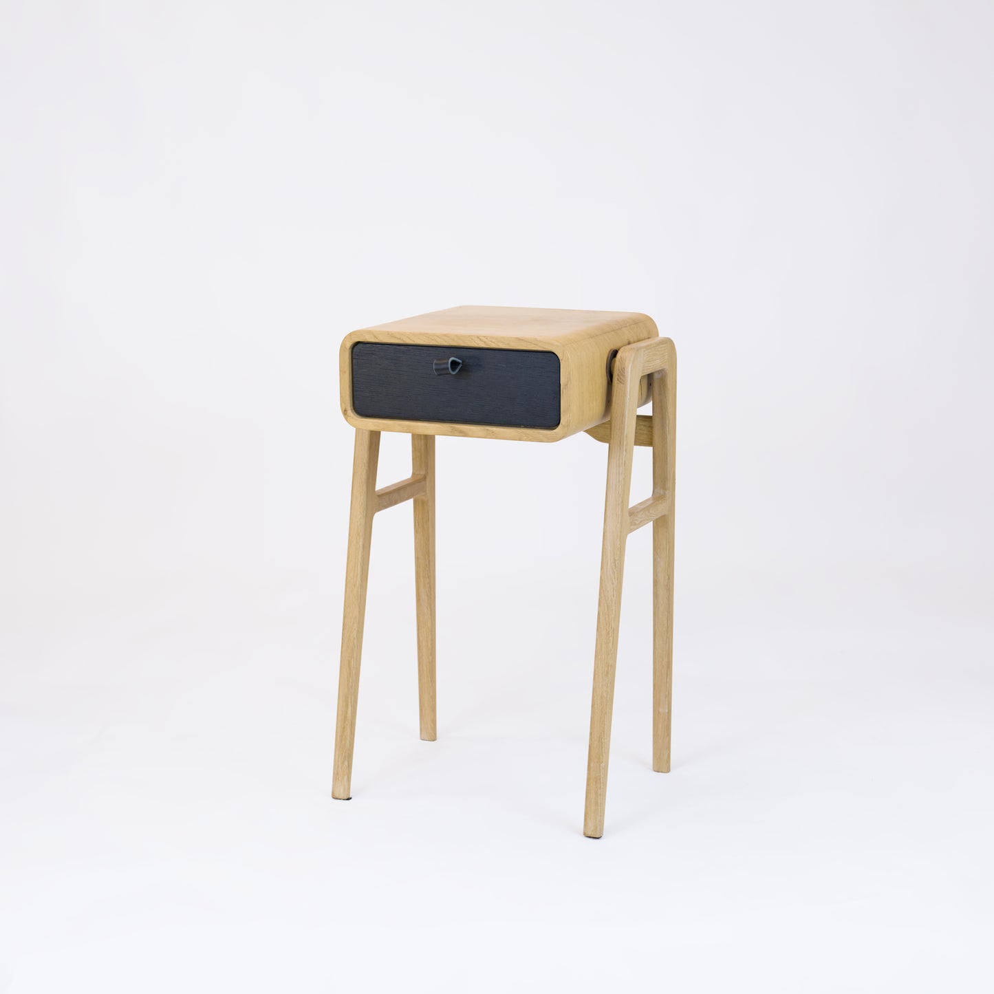 High nightstand nm11H. The main corpus is crafted from solid Norwegian oak, featuring 1 drawer with black oak front.