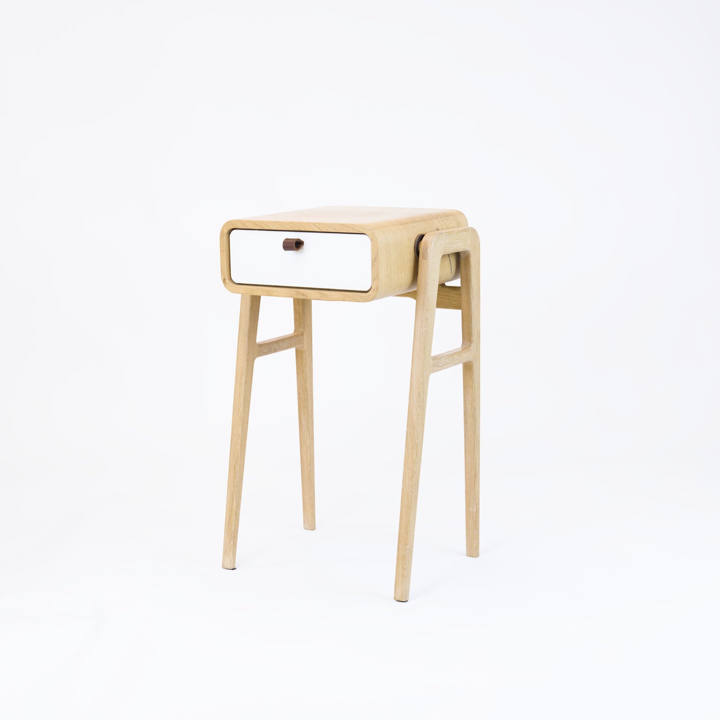 High nightstand nm11H. The main corpus is crafted from solid Norwegian oak, featuring 1 drawer with white front.