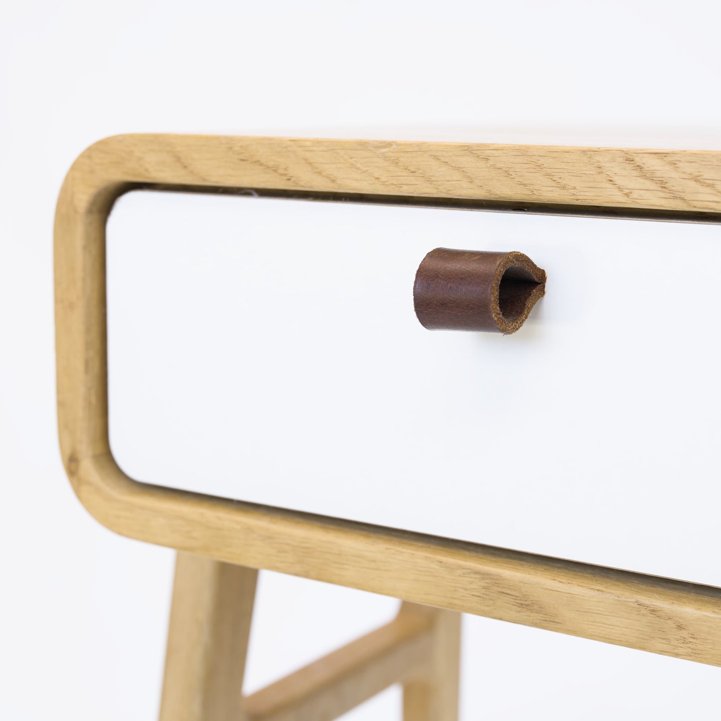 High nightstand nm11H. The main corpus is crafted from solid Norwegian oak, featuring 1 drawer with white front.