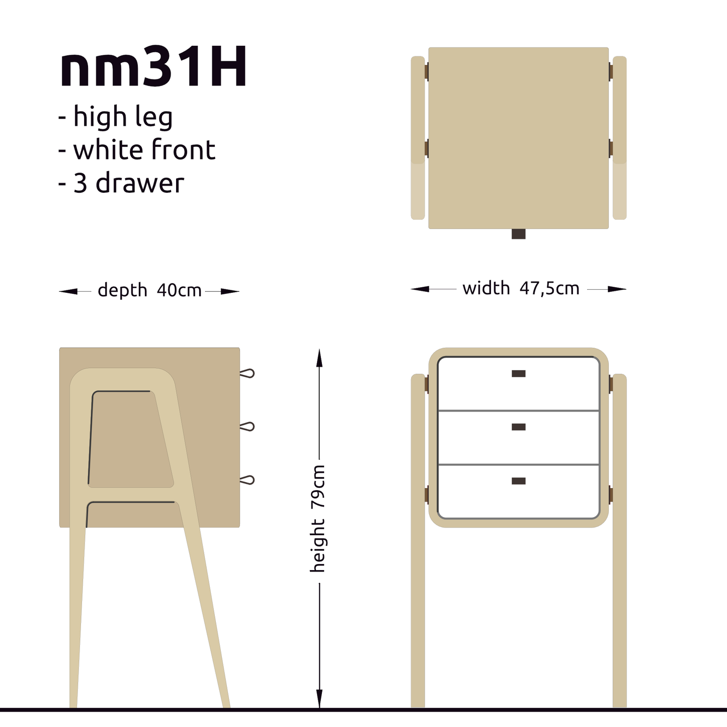 High nightstand nm31H. The main corpus is crafted from solid Norwegian oak, featuring 3 drawers with white front.