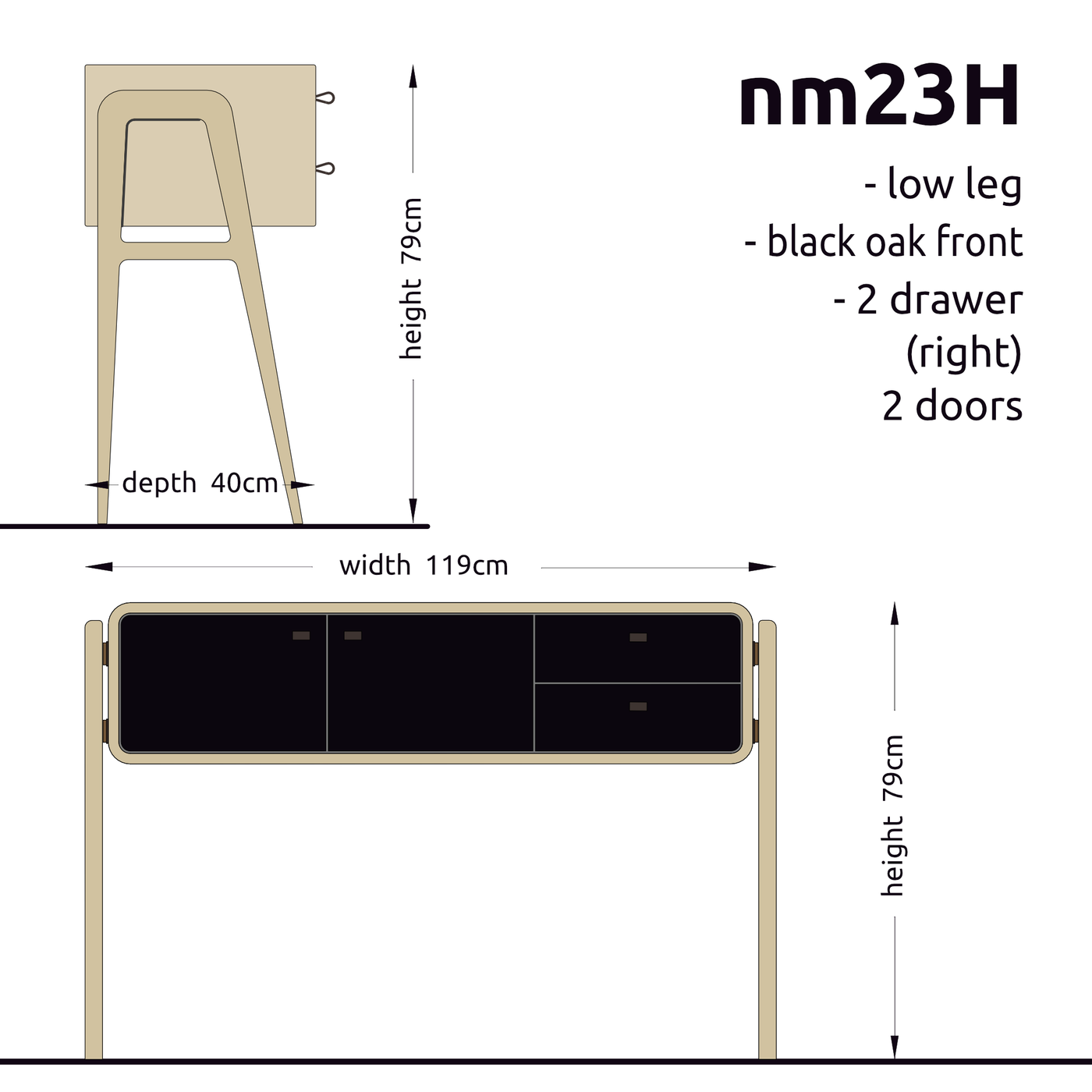 High sideboard nm23H. The main corpus is crafted from solid Norwegian oak, featuring 2 doors and 2 right drawers, all with black oak fronts.