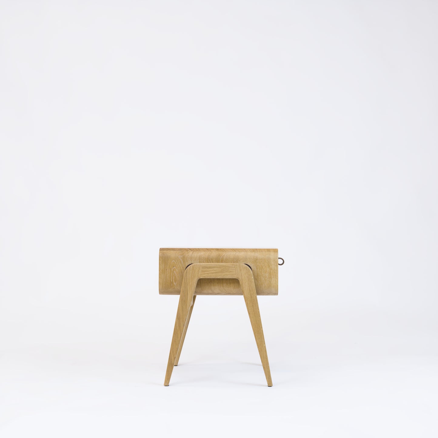 Low desk and storage bench nm11L. The main corpus is crafted from solid Norwegian oak, featuring 1 drawer with black oak front.