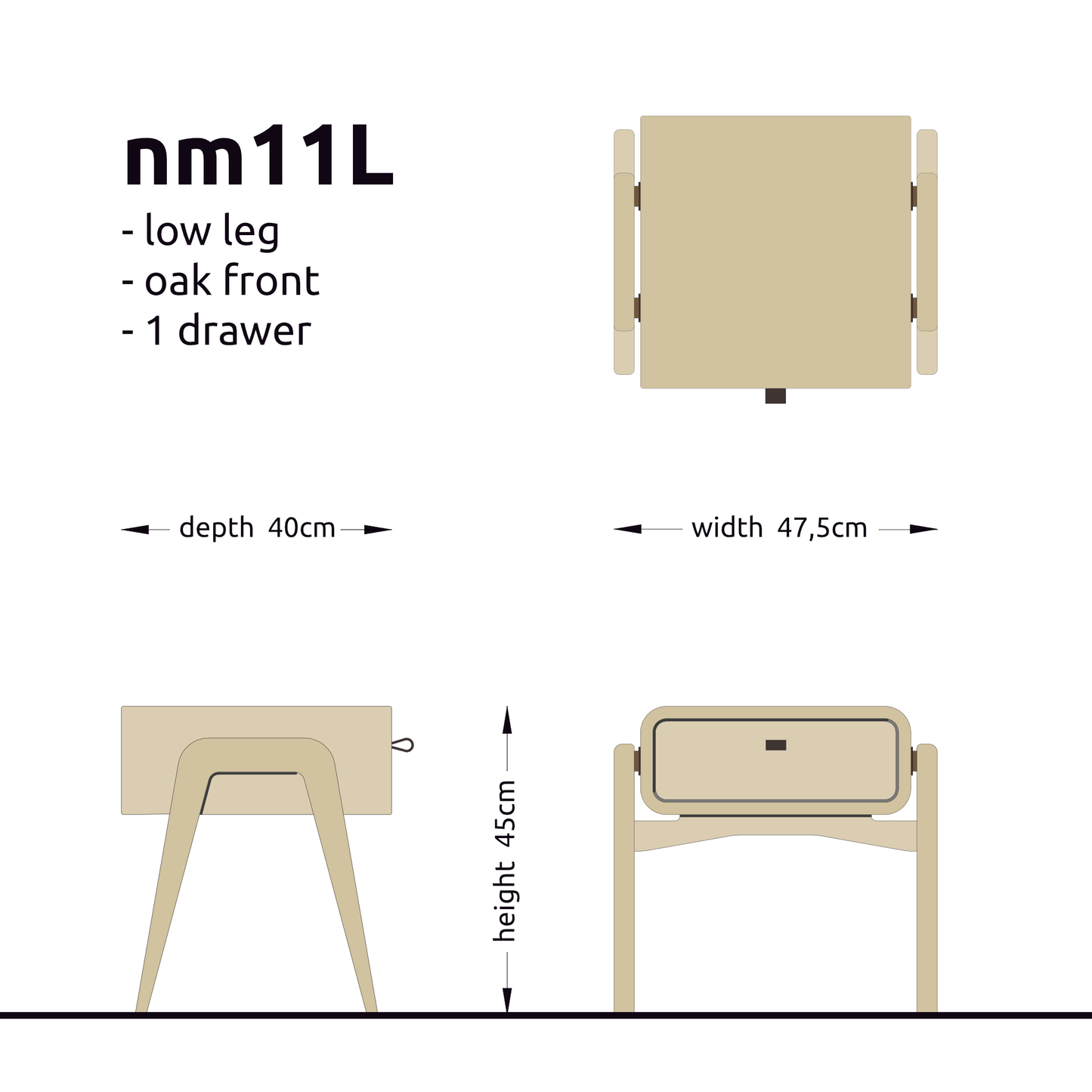Low desk and storage bench nm11L. The main corpus is crafted from solid Norwegian oak, featuring 1 drawer with natural oak front.