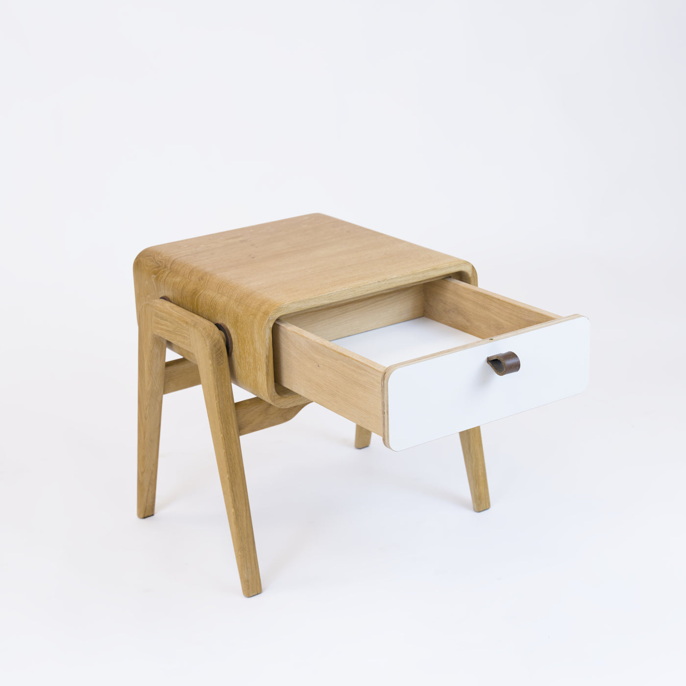 Low desk and storage bench nm11L. The main corpus is crafted from solid Norwegian oak, featuring 1 drawer with white front.