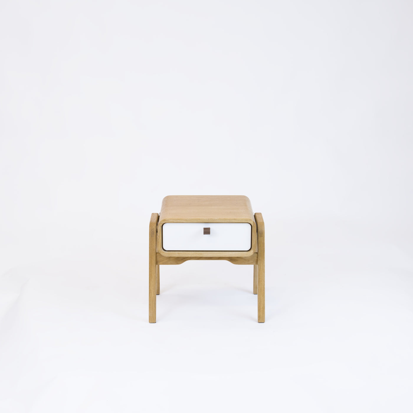 Low desk and storage bench nm11L. The main corpus is crafted from solid Norwegian oak, featuring 1 drawer with white front.