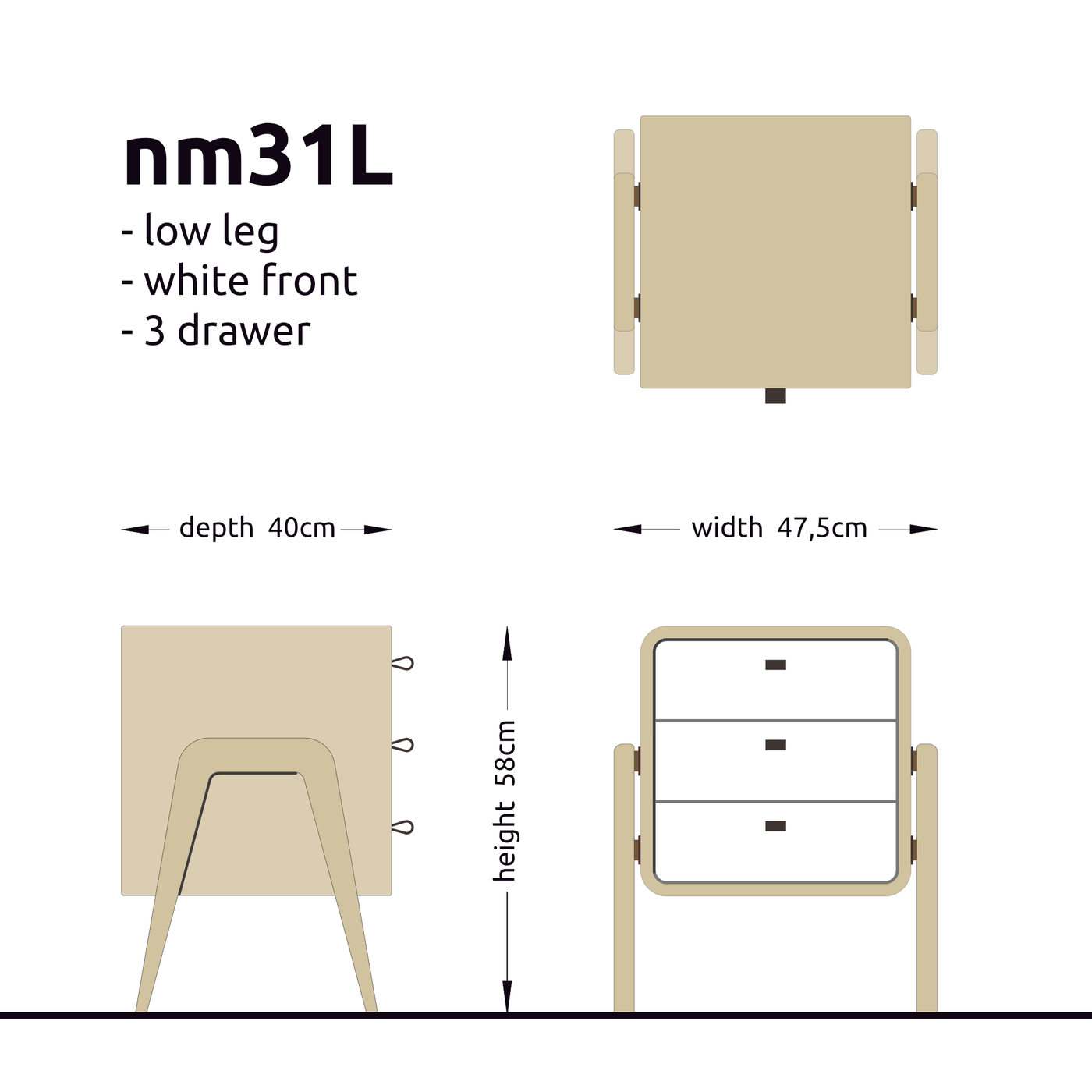 Low drawer unit nm31L. The main corpus is crafted from solid Norwegian oak, featuring 3 drawers with white front.
