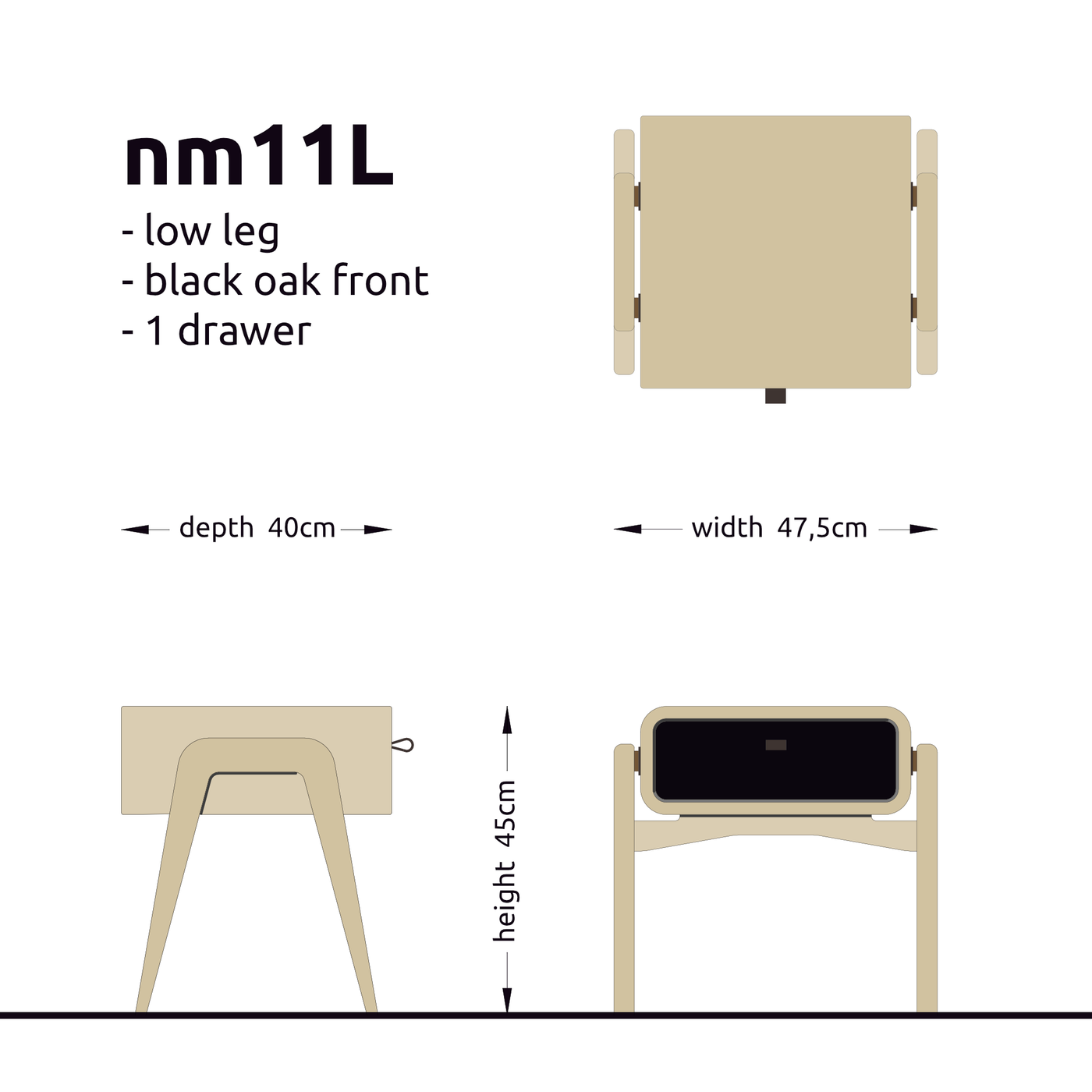 Low nightstand nm11L. The main corpus is crafted from solid Norwegian oak, featuring 1 drawer with black oak front.