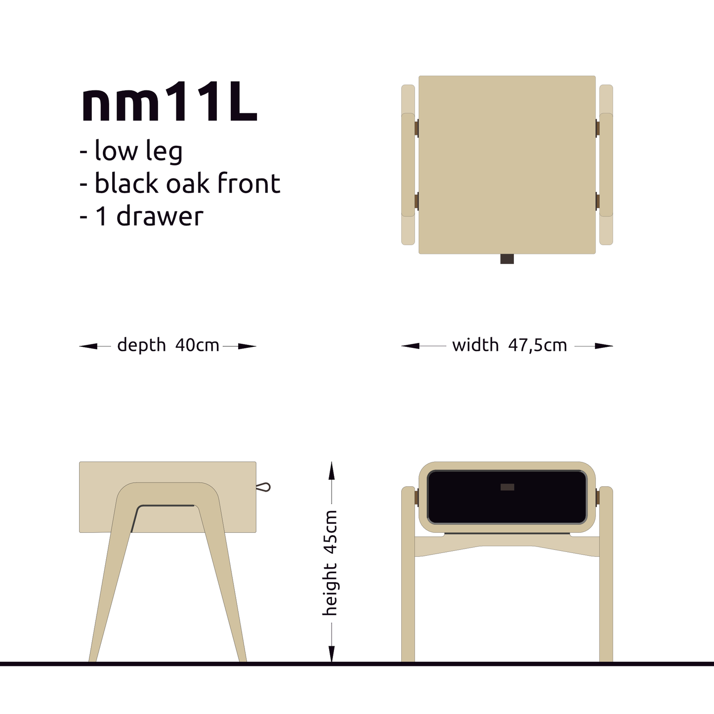 Low nightstand nm11L. The main corpus is crafted from solid Norwegian oak, featuring 1 drawer with black oak front.