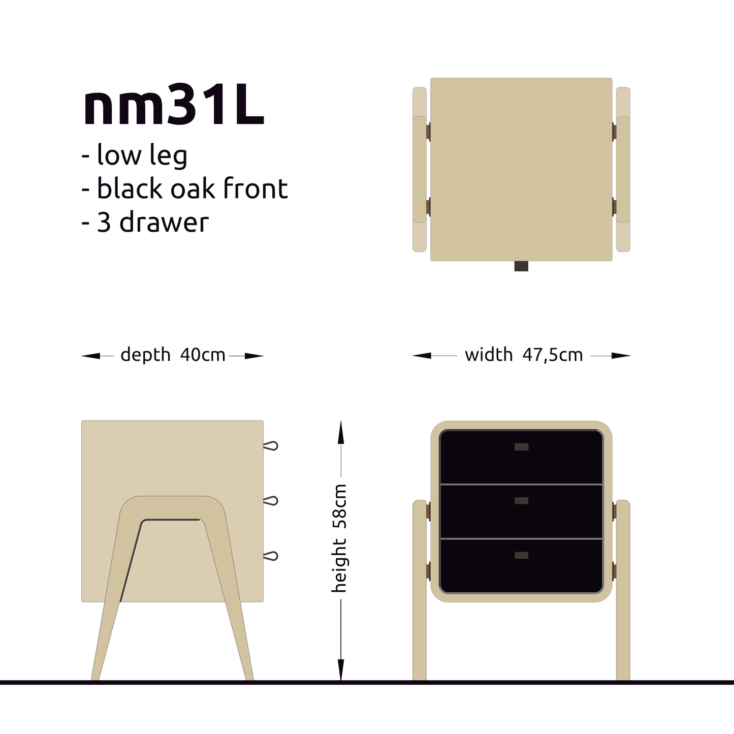 Low nightstand nm31L. The main corpus is crafted from solid Norwegian oak, featuring 3 drawers with black oak front.