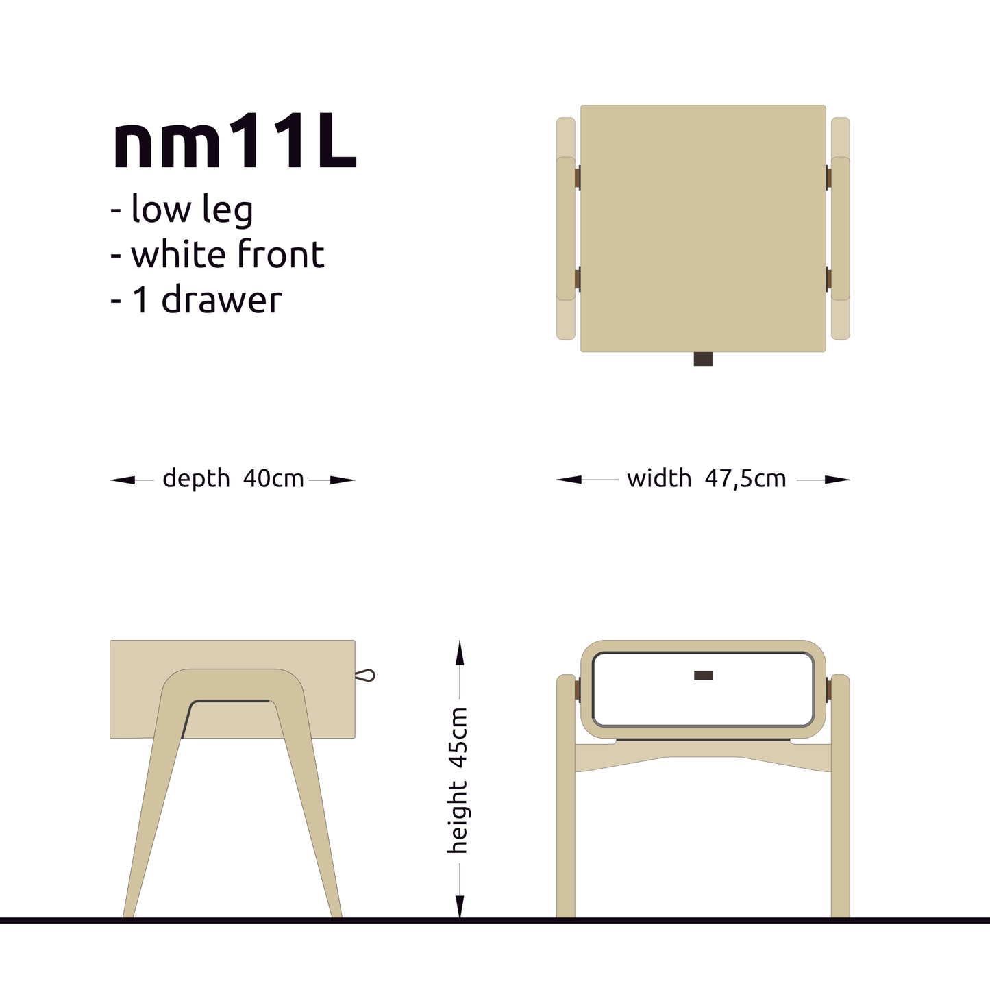 Low nightstand nm11L. The main corpus is crafted from solid Norwegian oak, featuring 1 drawer with white front.