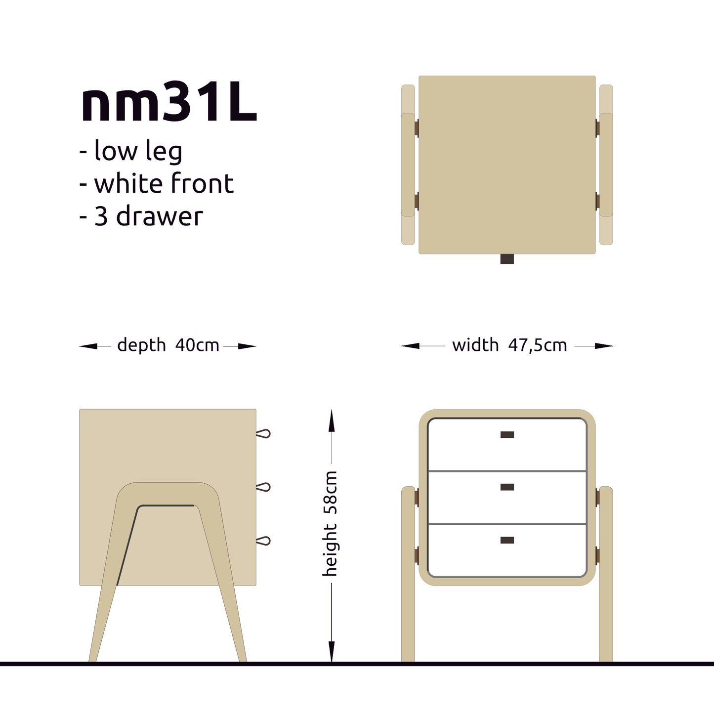 Low nightstand nm31L. The main corpus is crafted from solid Norwegian oak, featuring 3 drawers with white front.