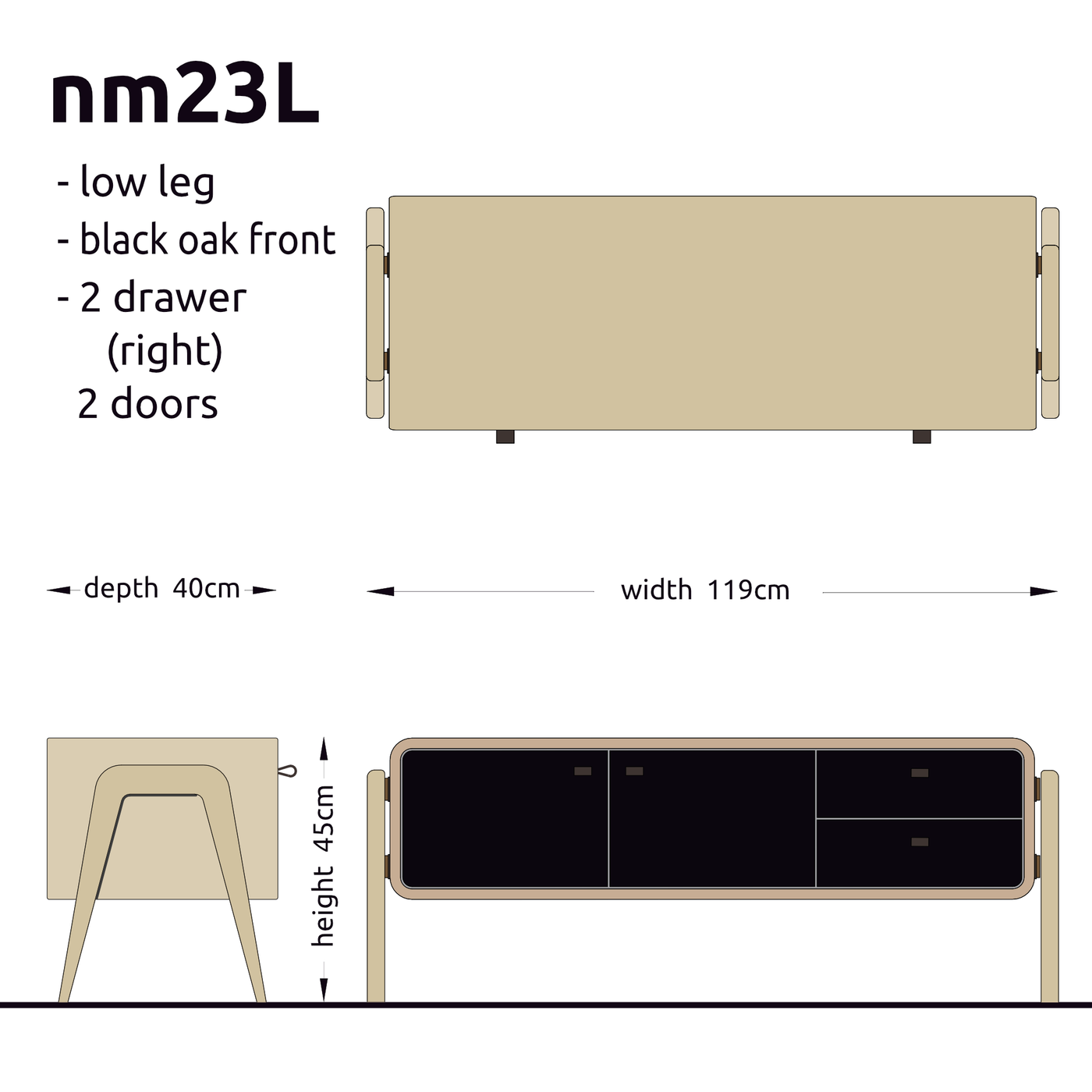 Low sideboard nm23L. The main corpus is crafted from solid Norwegian oak, featuring 2 doors and 2 right drawers, all with black oak fronts.